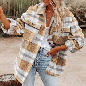 Plaid Button Flannel Woolen Shirt (Option: Khaki-S)