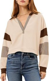 Fisoew Women's Long Sleeve Crop Tops Polo V Neck Color Block Casual Loose Pullover Cropped Sweatshirt (Option: Apricot-S)