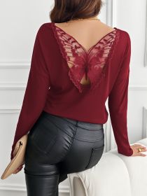 Women's Solid Color Back Stitching Pansy Rib Long-sleeved T-shirt (Option: Wine red-S)