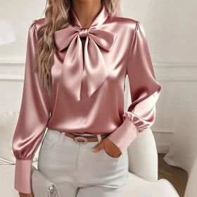 Women's Solid Color Satin Long Sleeve Casual Shirt With Bow Decor Blouse Spring Fall Daily Wear Top (Option: Pink-L)