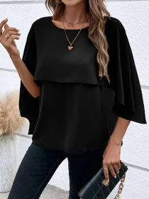 Solid Layered Cloak Sleeve Blouse, Versatile Crew Neck Blouse For Spring & Fall, Women's Clothing (Option: Black-3XL)
