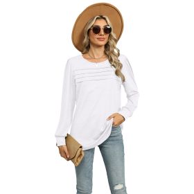 Solid Color U-neck Pleated Long-sleeved T-shirt Top For Women (Option: White-S)