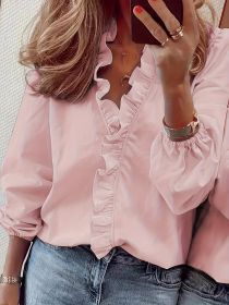 Pure Color Ruffle Hemline Shirt, Casual V-neck Long Sleeve Shirt. (Option: Pink-S)