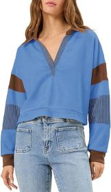 Fisoew Women's Long Sleeve Crop Tops Polo V Neck Color Block Casual Loose Pullover Cropped Sweatshirt (Option: Blue-L)