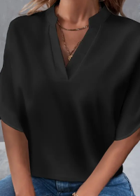 Lightweight Solid Color Notch Neck Blouse - Stylish Short Split Sleeves For Spring & Summer - Trendy Womens Casual Top (Option: Black-S)