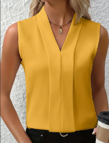 Women's Elegant Sleeveless V-Neck Blouse - Breezy Chic Top Ideal For Spring & Summer, Versatile Fashion For Casual Or Formal Wear (Option: Yellow-S)
