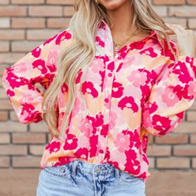 Blooming Floral Print Puff Sleeve Buttoned Shirt (Option: Pink-L)
