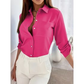 Womens Button Down Shirts V Neck Rolled Up Long Sleeve Tops Elegant Dressy Blouses Business Casual Outfits (Option: Rose red-S)