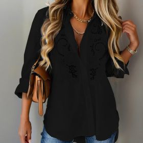 Women's Contrast Lace Long Sleeve Tops Button Down Shirts Dressy Casual Blouses Fall Fashion Clothes (Option: Black-XL)