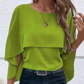 Solid Layered Cloak Sleeve Blouse, Versatile Crew Neck Blouse For Spring & Fall, Women's Clothing (Option: Olive Green-3XL)