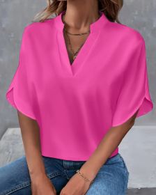Lightweight Solid Color Notch Neck Blouse - Stylish Short Split Sleeves For Spring & Summer - Trendy Womens Casual Top (Option: RoseRed-S)