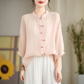 New Chinese Handicap Shirt Women's Loose Plus Size Casual Retro Cotton And Linen Top Air Conditioning Sunscreen Cardigan (Option: Pale pink-2XL)