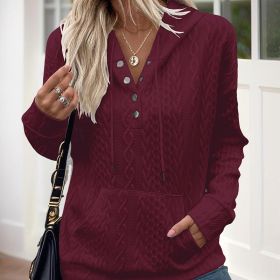 Women's V-Neck Solid Textured Long Sleeve Hoodie With Button Front & Kangaroo Pocket - Drawstring Hood Casual Pullover (Option: Wine Red-L)