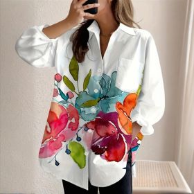 Women's Notch Lapel Long Sleeve Blouse With Colorful Floral Print - Chest Pocket Button-Up Shirt For Spring&Fall (Option: White-M)