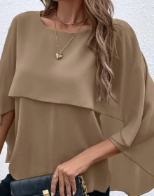 Solid Layered Cloak Sleeve Blouse, Versatile Crew Neck Blouse For Spring & Fall, Women's Clothing (Option: Khaki-3XL)