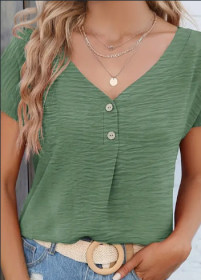 Solid Button Front Blouse, Casual V Neck Short Sleeve Blouse For Spring & Summer, Women's Clothing (Option: Ocean Green-L)
