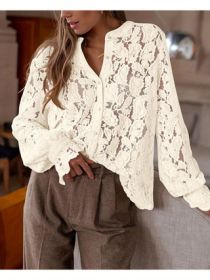 European And American Ladies Fashion Casual Lace Shirt Long Sleeve Button Shirt (Option: Apricot-XL)
