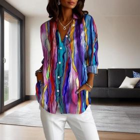 Women's Lapel Collar Printed Long Sleeve Shirt - Vibrant Colorful Pattern Button-Up Blouse Stylish Spring&Summer Vacation Top (Option: Multicolor-L)