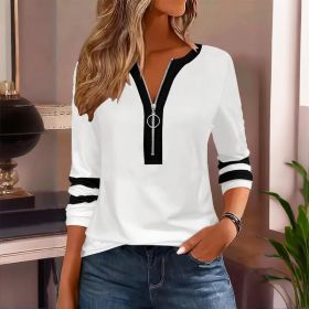Women's Zip-Up Round Neck Long Sleeve Sweatshirt With Color Block Stripes - Casual Pullover Top For Spring&Fall (Option: White-L)