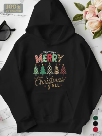 Plus Size Women'S Merry Christmas Hoodie, Casual Style, Geometric Pattern, With Pocket Detail, For Fall Winter Season Hooded Sweatshirt (Option: Black-S)
