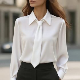Women's Solid Color Long Sleeve Classic Shirt - Machine Washable Versatile Top For Casual & Office Wear (Option: White-XXL)