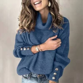Autumn And Winter Women's Sweatshirt, High Collar Knitted Shirt, Top (Option: Blue-M)