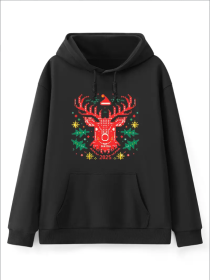 Women'S Fashion Christmas Cartoon Reindeer Santa Hat Hello 2025 Print Hoodies Long Sleeve Hood Sweatshirt Loose Fit Tops Fall Streetwear (Option: Black-M)