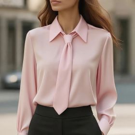 Women's Solid Color Long Sleeve Classic Shirt - Machine Washable Versatile Top For Casual & Office Wear (Option: Pink-L)