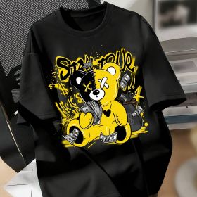 Splicing Bear And Letter Printed Casual T-shirt, Round Neck Loose Top With Dropped Shoulders, Suitable For Spring And Summer (Option: Black-M)