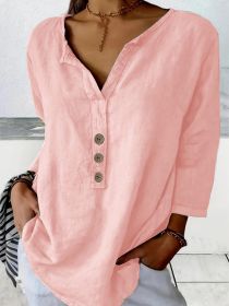 Solid Color Notched Collar Shirt Casual Button-down Shirt (Option: Pink-M)