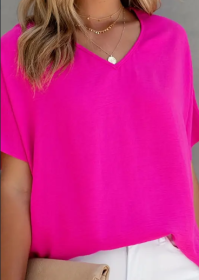 Solid Versatile Blouse, Casual V Neck Short Sleeve Blouse, Women's Clothing (Option: Rose Red-2XL)