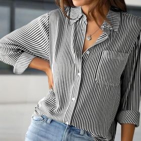 Women's Elegant Striped Long Sleeve Shirt - Pointed Lapel Collar With Chest Pocket, Button-Up Casual Blouse For Spring&Fall (Option: Black-L)