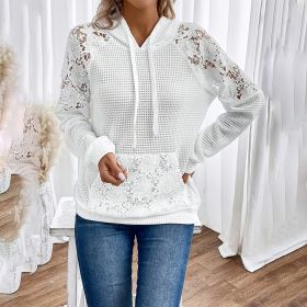 Women's Solid Color Casual Hooded Sweatshirt With Lace-Trimmed Sheer Sleeves & Large Lace Pockets, Pullover Hoodie (Option: White-XXL)