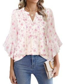 Lotus Leaf 34 Sleeve Top Solid Color Fashion (Option: Pink Roses-S)