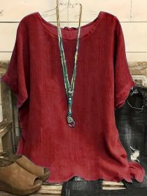 Women Fashion Casual Shirts Solid Color 3 4 Sleeve Round Neck Blouses Summer Loose Tops Streetwear (Option: Red-S)