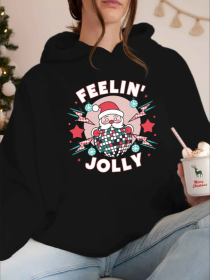 Christmas Santa Claus Print Long Sleeve Hooded Pullover Sweatshirt With Kangaroo Pockets, Women's Sportswear For Fall & Winter, Outdoor Wear (Option: Black-S)