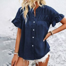 Women's Summer Casual Shirt - Button Front, Pleated Design With Lace Trim, Solid Color Top (Option: Deep blue-S)