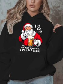 Festive Christmas Graphic Hoodie For Women, Plus Size Casual  Sweatshirt With Santa And Beer Design, Long Sleeve Pullover With Pockets, Oversized (Option: Black-M)
