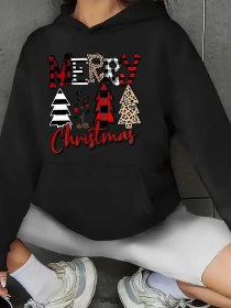 Women's Casual Knit Polyester Hoodie With Merry Christmas Tree Print, Long Sleeve Hooded Sweatshirt With Kangaroo Pocket For Fall Winter (Option: Black-XL)