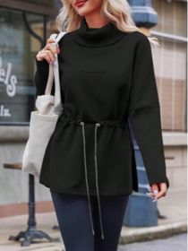 Fisoew Women's Turtleneck Sweatshirts Fleece Drawstring Waist Casual Long Sleeve Pullover Sweater Side Slit Tunic Tops (Option: Black-L)