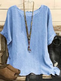 Women Fashion Casual Shirts Solid Color 3 4 Sleeve Round Neck Blouses Summer Loose Tops Streetwear (Option: Blue-M)