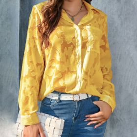 Womens Casual Sheer Button Down Shirts Long Sleeve V Neck Jacquard Blouses Tops (Option: Yellow-S)