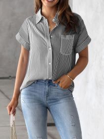 Vertical Striped Button Front Shirt, Stylish Short Sleeve Shirt For Spring & Summer, Women's Clothing (Option: Black-XXL)