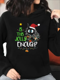 Women Christmas Cat Print Hoodie Plus Size Long Sleeve Pullover Sweatshirt With Pockets (Option: Black-L)