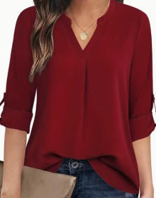Chic Solid V-Neck Blouse - Fashionable Simplicity For Women - Relaxed Casual Long Sleeve Style (Option: Burgundy-S)
