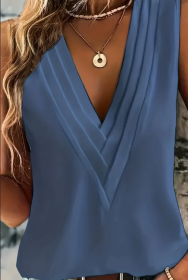 Ruched V Neck Blouse, Casual Sleeveless Solid Versatile Blouse, Women's Clothing (Option: Sea Blue-2XL)
