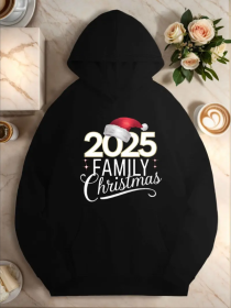 Plus Size Casual Hooded Sweatshirts For Women, Geometric Pattern, With Front Pocket, For Fall Winter Season, 2025 Family Christmas Illustration (Option: Black-S)
