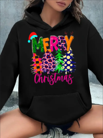 Christmas Tree & Letter Print Long Sleeve Hooded Pullover Sweatshirt With Kangaroo Pockets, Women's Sportswear For Fall & Winter, Outdoor Wear (Option: Black-2XL)