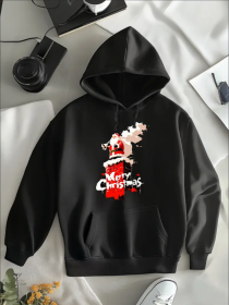 Women'S Fall Plus Size Hoodies Fashion Christmas Santa Claus Cartoon Pixel Style Gift Stars Print Long Sleeve Hood Sweatshirt Loose Fit Tops Stre (Option: Black-XL)