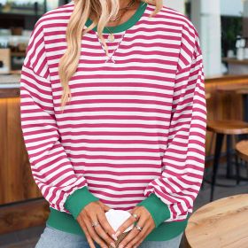 Women's Casual Crewneck Striped Long Sleeve Sweatshirt - Comfortable Loose Fit Ribbed Knit Top For Spring&Fall (Option: Rose red-XL)